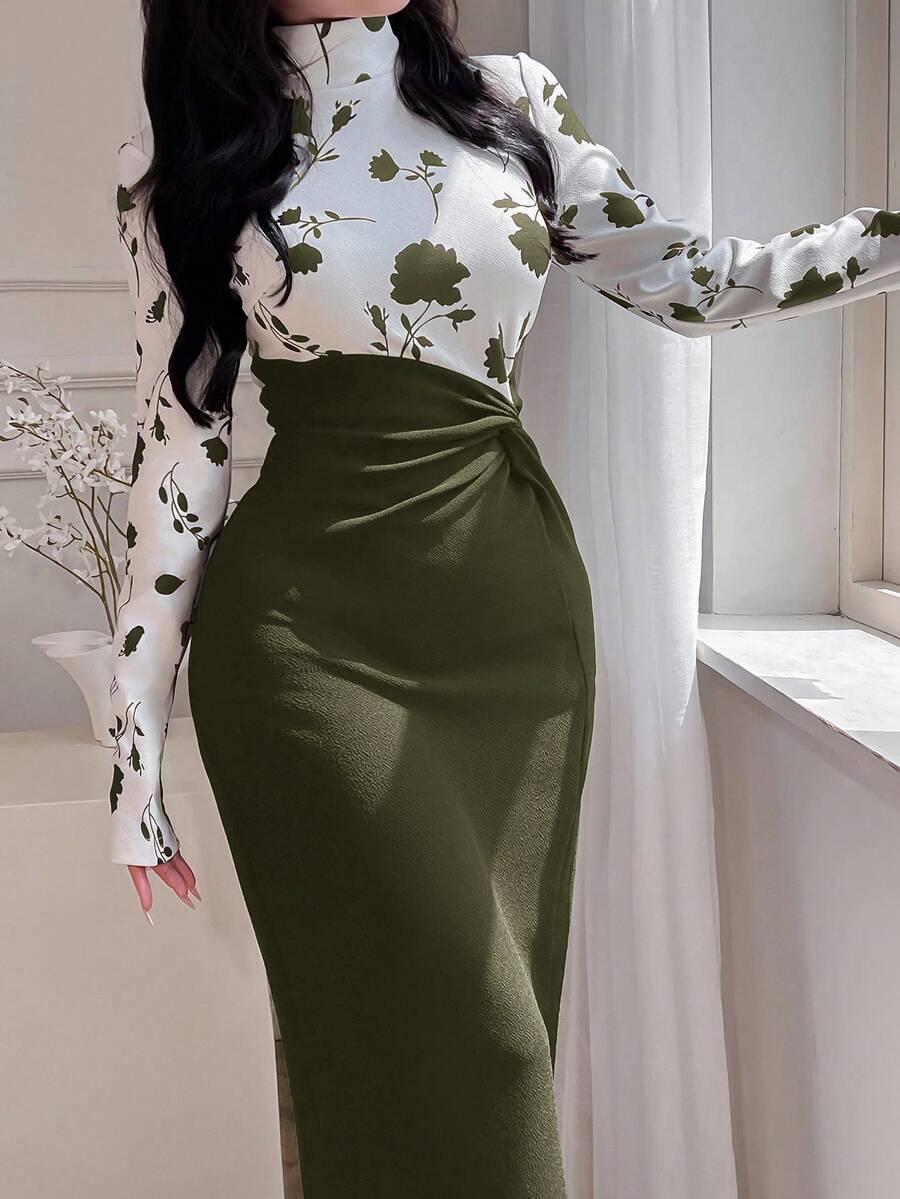 Feyla 优雅修身女式长裙，简约时尚，适合日常休闲穿着的长款晚礼服 - 軍綠色 - 查看 1