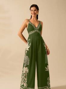 CAJUNI 女式波西米亚风香蕉树和椰子树印花无袖黑色长款连体裤，假日休闲海滩夏季连体裤 - 綠色 - 查看 4