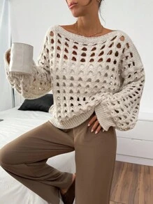 EURMUSE Chunky Hand-Knitted Open-Weave Pullover Sweater In Apricot ...