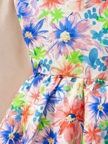 SHEIN Vestido con diseño de lazo sin espalda, mangas de casquillo y cintura ceñida con estampado floral para niñas preadolescentes - Naranja - Ver 7