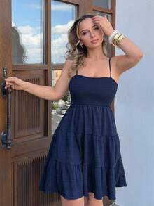 Vestido De Tirantes De Espagueti Con Dobladillo Con Volantes De Color Sólido Para Mujer - Rojo cereza - Ver 6
