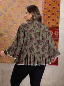 EMERY ROSE Jaket Denim Wanita Ukuran Besar Motif Bunga Lengan Lonceng Hem Berlipit Kancing Tunggal - Olive Green - View 2