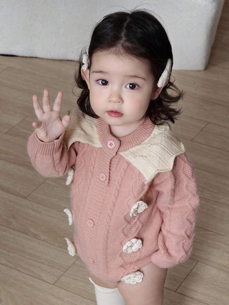 Baby Girl Colorblock Knit Cartoon Cute Ruffle Trim Jumpsuit Fall, Winter Toddler Girls Clothes