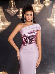 Váy dạ hội trang trọng dáng ôm sát, chất liệu vải thêu sequin thủ công Avant-Garde bất đối xứng, vai chắp vá, viền kéo khóa bên hông, thích hợp cho tiệc cocktail, khiêu vũ, hòa nhạc, khách dự tiệc cưới và các dịp khác - Bụi hồng - Xem 3