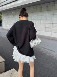 SHEIN 青少年女孩黑色针织返校拼色条纹宽松圆领插肩袖撞色丝带棕色蝴蝶结长袖甜美休闲 T 恤，Y2K，春秋冬，返校季 - 黑色 - 查看 2