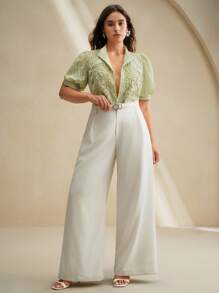 Anewsta Áo cánh tay phồng màu xanh lá cây đính cườm và đá pha lê thủ công thanh lịch dành cho nữ cỡ lớn - Màu xanh Cadet - Xem 5