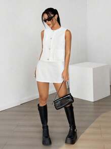 SHEIN EZwear 女士白色单排扣背心和裙子休闲两件套 - 白色 - 查看 3
