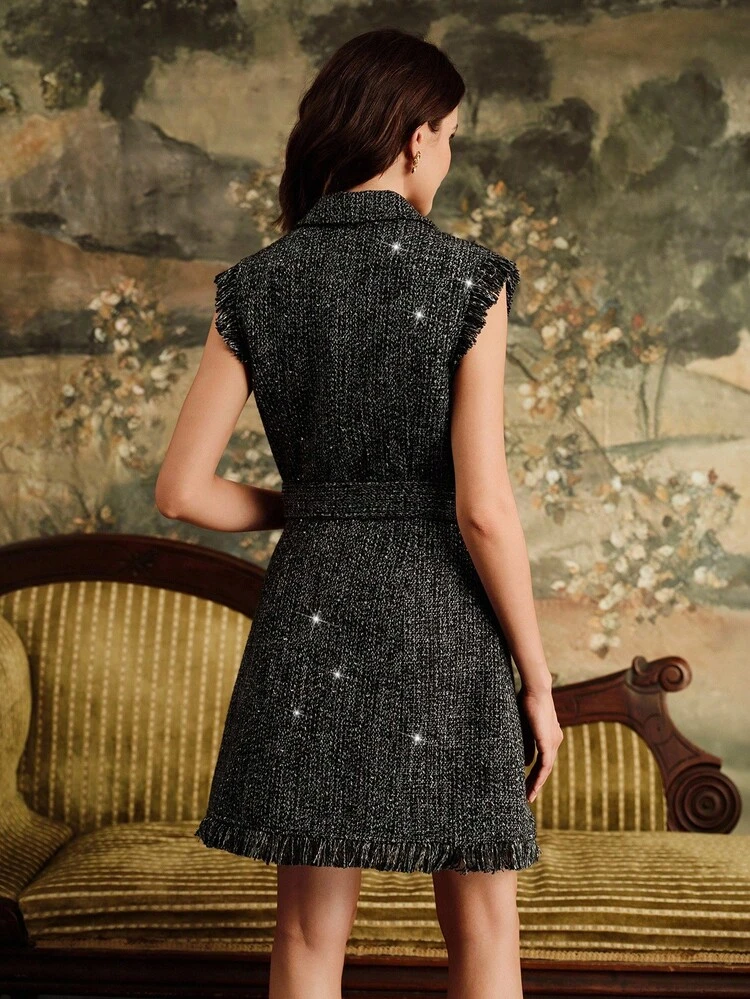 Women's Vintage Dark Sleeveless Vest, Fringe Double-Breasted Belt Waist V-Neck Midi Dress, Elegant For Autumn/Winter