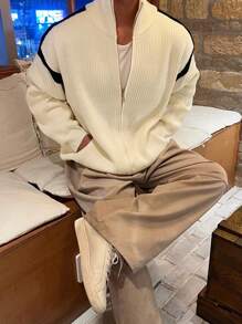 男士米色和黑色拼色开衫、秋季夹克 - 米色 - 查看 4