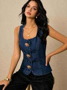 Poéselle 女士夏季时尚大花朵纽扣装饰方领收腰牛仔吊带背心