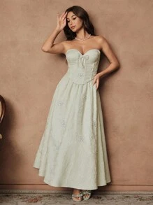 SHEIN Unity Green Elegant Romantic Pearl Texture Bustier Top And A-Line Skirt Set, Wedding Guest Dress, Off-The-Shoulder Fairy Dress - Green - View 5
