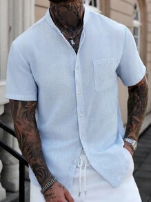 Manfinity Homme Áo sơ mi nam tay ngắn cài nút cổ đứng màu trơn vải lanh - Màu xanh lam - Xem 5