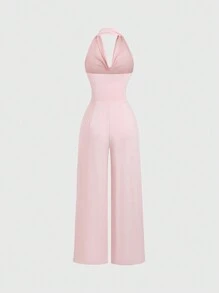 SHEIN PETITE Spring/Summer Halter Neck Knit Fitted Straight Leg Jumpsuit For Petite Women - Pink - View 2
