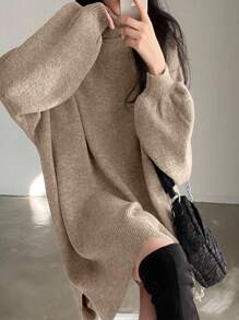 SoleilVie فستان كنزة صوفية كاجوال فضفاض متعدد الاستخدامات بأكمام طويلة وياقة عالية للنساء، ملابس كنزة صوفية مصنوعة من الصوف للجامعة في فصلي الخريف والشتاء للنساء