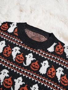 SHEIN Unity Women's Black Halloween Pumpkin & Ghost Long-Sleeve Sweater. Cute And Comfy. Fits For Fall/Winter. - Multicolor - View 3