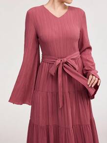 Veilorie Váy suông tay chuông màu trơn thanh lịch phong cách Ả Rập dành cho nữ - Màu Hồng  Dưa hấu - Xem 7