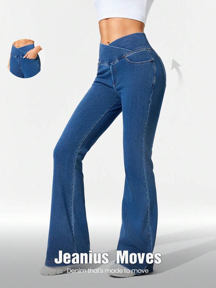 ジーニアス ムーブス 動きやすい ストレッチ通気性のあるヒップアップデニムクロスオーバーウエストフレアレッグポケットジェギンス デイリーカジュアルウェア