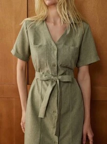 Écloséra 法式复古翻领短袖纽扣前收腰纯色春夏连衣裙 - 綠色 - 查看 6