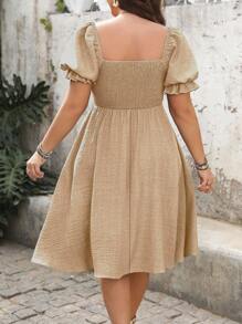 SHEIN LUNE Đầm trang trí tay bồng màu trơn denim cỡ lớn cho nữ - Màu Khaki - Xem 2