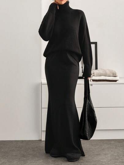 EURMUSE Turtleneck Sweater And Maxi Skirt Knit Set Knit Long Black Dress Long Sleeve Gown Black Turtleneck Dress Knit Maxi Dress,Co Ords Sets Women,Co Ord,Winter Clothes Women,Winter Clothes,Autumn Outfits Women