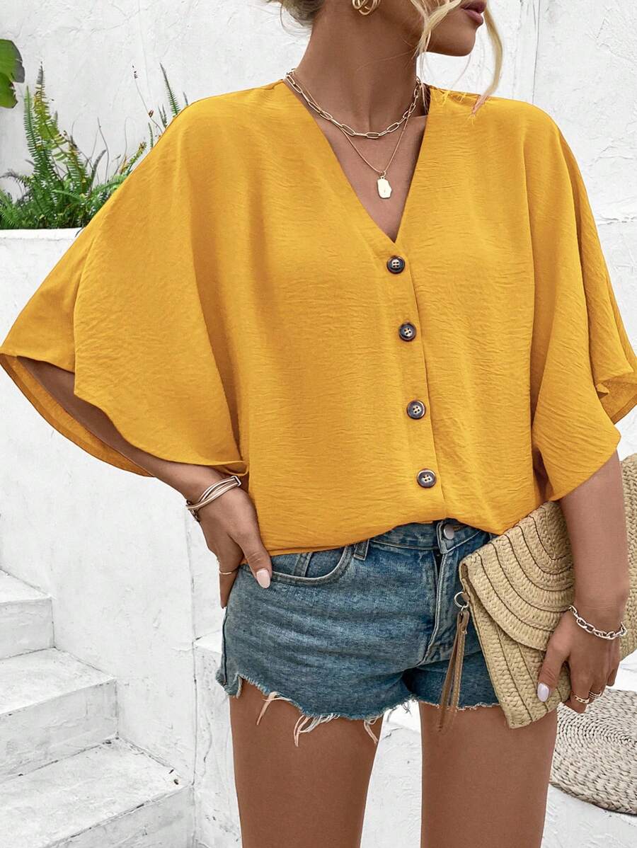 EMERY ROSE Women's Plus Size Elegant Solid Color Jacquard V-Neck Raglan Sleeve Button Decor Beach Resort 2025 Spring/Summer New Versatile Design Blouse - Mustard Yellow - View 1