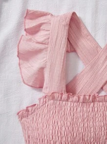 Sparklyn Tween Girls' Casual Elegant Collegiate Dress, Textured Fabric Green Cap Sleeve Pleated A-Line Dress With Bow Criss-Cross Back Straps, Suitable For Outings, Vacation, School, Spring/Summer Pink Dress For Girls Girls Pink Bow Dress Ruffle Dress Girls Pink Girls Summer Dress Girls Casual Dress - Pink - View 4