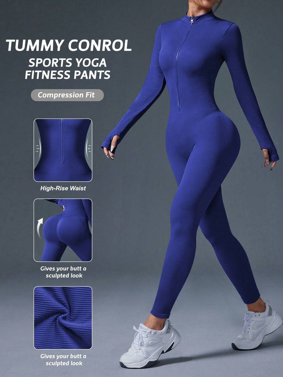 Slayform Women's Solid Color Minimalist Ribbed Zipper Long Sleeve Jumpsuit Training Suit For Women Seamless Workout Jumpsuit Woman Workout Jumpsuit Workout Sets Women Long Sleeve Seamless Yoga Jumpsuit - Royal Blue - View 1