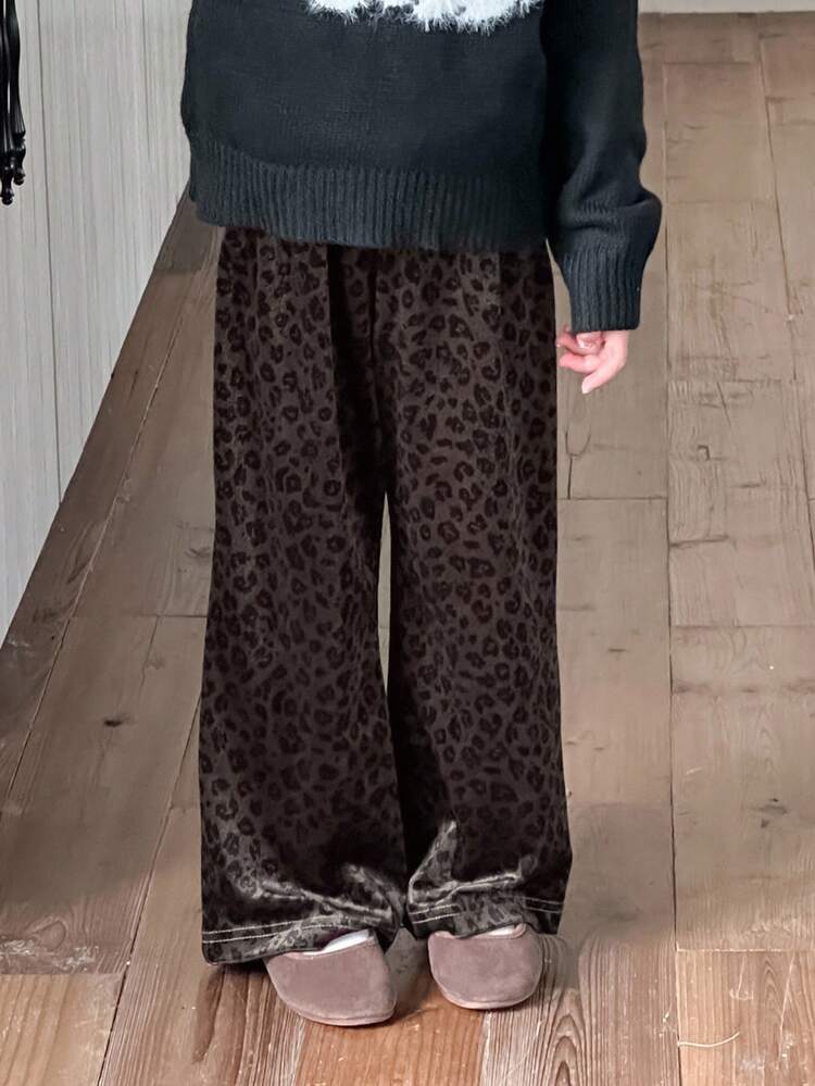Young Girls All-Over Leopard Print Casual Loose Wide Leg Flare Pants