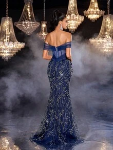 Glamrae Váy dạ hội nữ, Đầm lưới trang trọng, Đầm dạ hội, Đầm trễ vai, thiết kế xương cá, eo nhún, thêu ngọc trai màu xanh nước biển thanh lịch, viền đuôi cá - Màu xanh hải quân - Xem 3