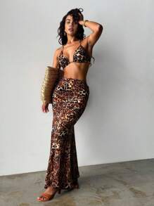 Swim Glamine 3pcs/Set Sexy Leopard Print Bikini & Mermaid Skirt, Summer Vacation