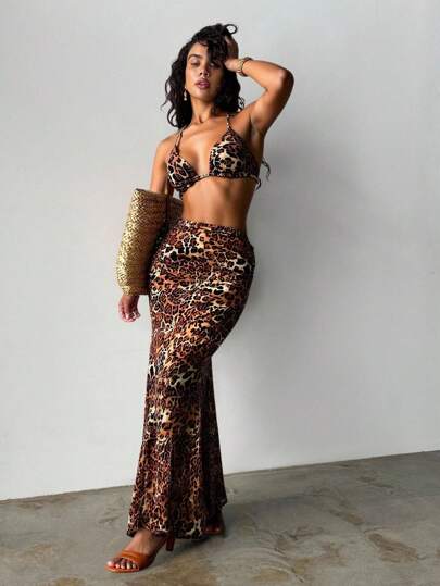 Swim Glamine 3 قطع/مجموعة بيكيني بطبعة نمر جذاب وتنورة ذيل السمكة، للعطلة الصيفية