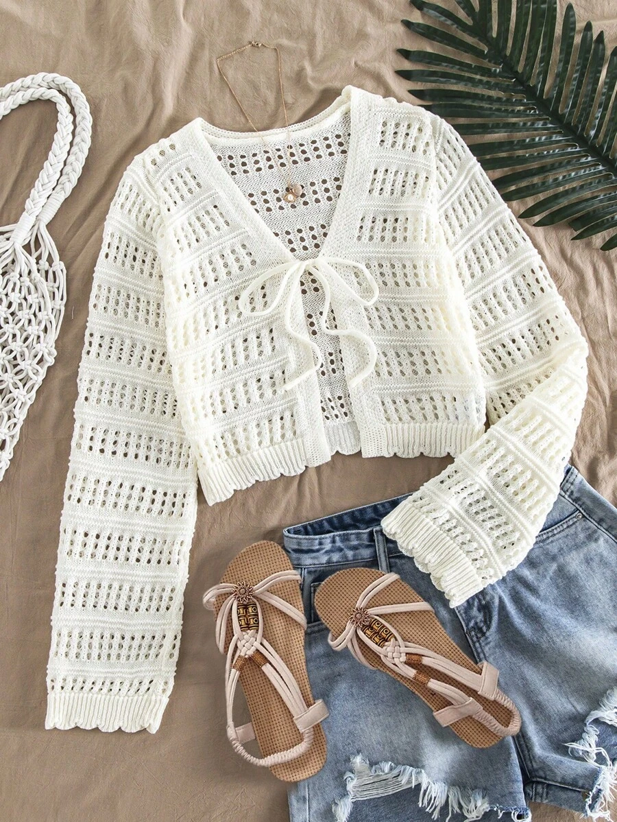 Tween Girls Hollow Out Knit Cardigan, Comfortable & Versatile For Home, Casual Outings, Beach Vacation, Parties, Soft Material