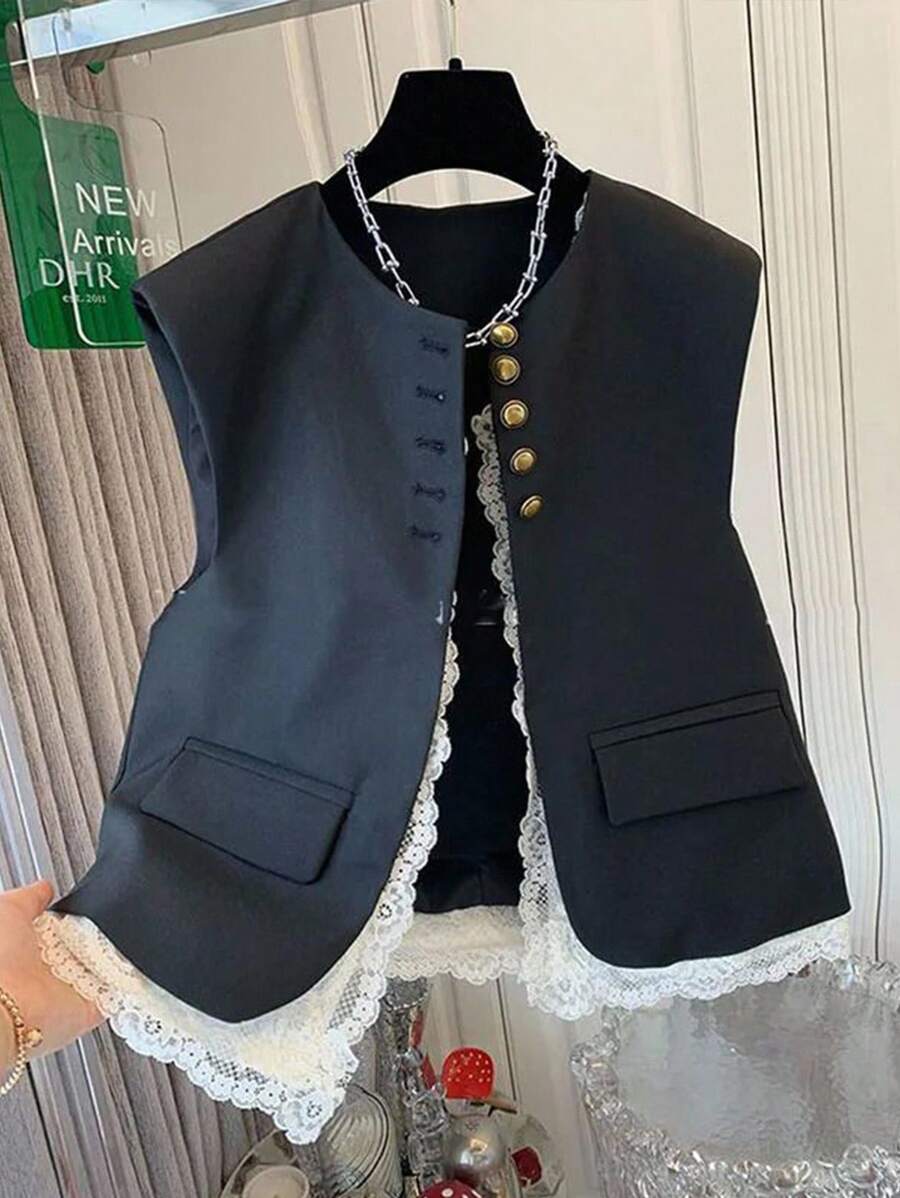 女士时尚二合一蕾丝拼布仿口袋单排扣装饰背心 - 黑與白 - 查看 1