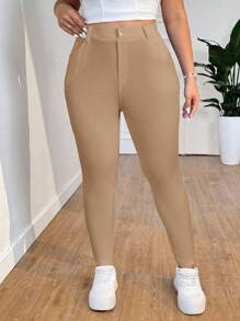 SHEIN EZwear 大码女式休闲纯色紧身裤，百搭简约 - 卡其色 - 查看 3