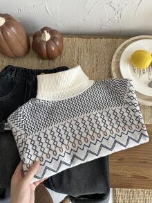 SHEIN Young Boy Geometric Pattern Turtleneck Long Sleeve Casual Sweater Fall Winter - Multicolor - View 6