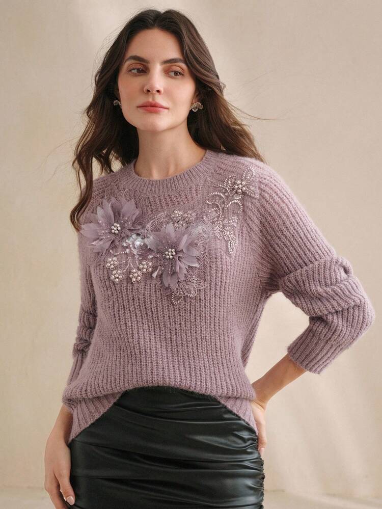 Women's Winter Embellished Rhinestone Floral Knit Long Sleeve Sweater, Elegant For Christmas & New Year