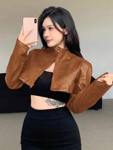 DAZY 女士时尚短款 PU 皮夹克，街头风格开衫外套，秋季 - 亮橙色 - 查看 4