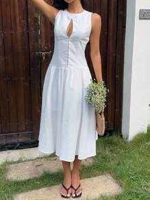 SHEIN EZwear Women's 100% Cotton Solid Color Hollow Out Design Sexy Sleeveless Midi Dress, White,Dress For Wedding Guest,Summer Dresses For Vacation - White - View 5