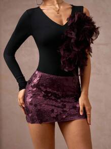 Lumalex Fall Winter Goth Winter Modest Old Money Glitter Holiday Party Rave Skirt Festival Outing Swim Vacation Bohemian BOHO Hot Outdoor Richly Layered Wedding Season Banquet Coming Of Age Ceremony Beach Seaside Asymmetrical Matte Sequin Shiny Sequin Low Waist Bodycon Mini Skirt For Women Luxury Prom Christmas New Year