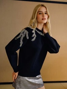 MOTF PREMIUM BEADED LOOSE PULLOVER KNIT SWEATER, AUTUMN/WINTER - Black - View 3
