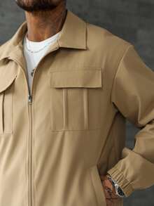 Manfinity Homme 男士休闲百搭纯色翻领实用户外风衣夹克，Old Money，秋季 - 卡其色 - 查看 5