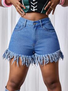 Slaydiva Shorts Denim Femininos Casuais e Versáteis com Barra Desfiada - Lavagem escura - Visão 3