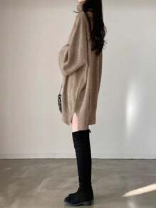 SoleilVie فستان كنزة صوفية كاجوال فضفاض متعدد الاستخدامات بأكمام طويلة وياقة عالية للنساء، ملابس كنزة صوفية مصنوعة من الصوف للجامعة في فصلي الخريف والشتاء للنساء