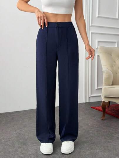 EURMUSE Women Solid Color Button Detailed Pants