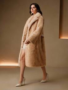 Anewsta Abrigo largo de color albaricoque con cuello de piel sintética retro, elegante y lujoso abrigo formal y elegante para otoño/invierno, Navidad, Año Nuevo, fiesta