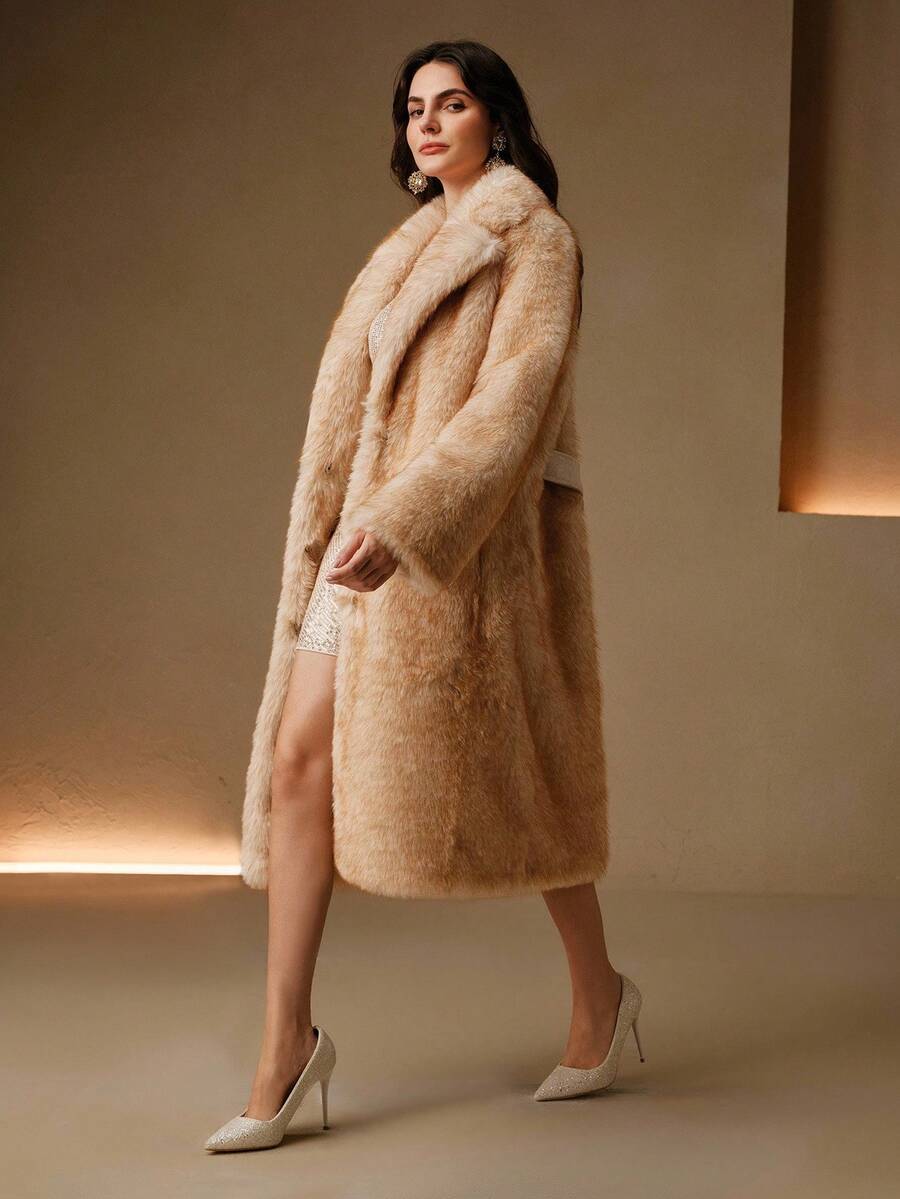 Anewsta Abrigo largo de color albaricoque con cuello de piel sintética retro, elegante y lujoso abrigo formal y elegante para otoño/invierno, Navidad, Año Nuevo, fiesta