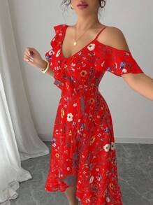 Elenzga 女式夏季时尚不对称荷叶边下摆印花连衣裙 - 紅色 - 查看 6