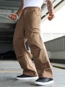 Manfinity EMRG Herren Lässig Plissee Gerade Bein Hose, Straßen-Stil Jugend Weite Cargo Hose Khaki Cargo Hose Braun Cargo Hose Herren Cargo Hose Herren Taktische Arbeitshose