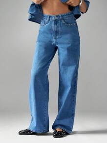 MISSGUIDED Calça jeans de cintura alta com perna reta e detalhes cravejados, calças largas com rebites e bolsos enfeitados, moda festa, boate, noite, peça de moda, calça jeans estética