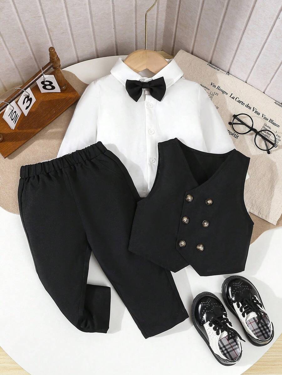SHEIN 3pcs Baby Boys Gentleman Suit Set, Double-Breasted Vest + Casual Pants + Black Bowknot, Excluding Shirt, Fashion Elegant Stylish, Comfortable Fabric, Suitable For Spring/Autumn, Best For Daily, Party, Wedding, Christening, Performance, Events Fall Winter